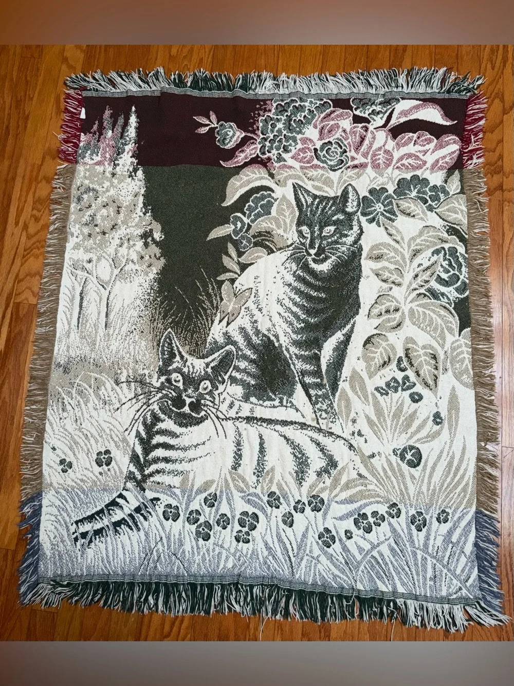 Vintage Woven Tapestry Throw Blanket Cats Garden Floral Fringe 40” X 51”